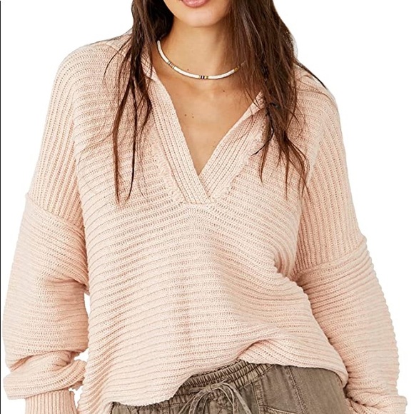 Free People Long Sleeve Collar Sweater Marlie Pullover Ribbed Dusty Pink L 0122 - Picture 4 of 11